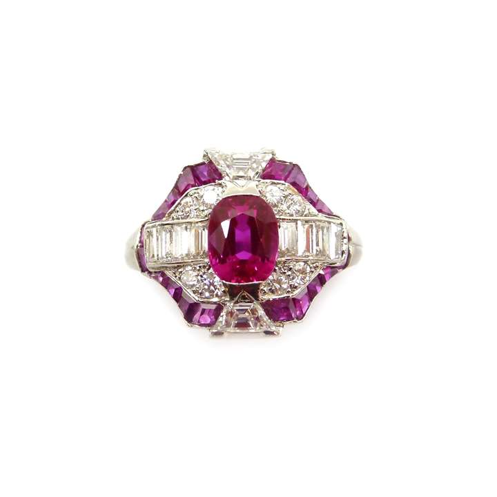 Art Deco ruby and diamond geometric cluster ring